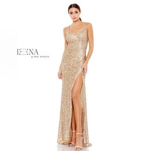 Mac Duggal Womens Gold Metallic Sequin Formal Evening Dress Gown Size 10